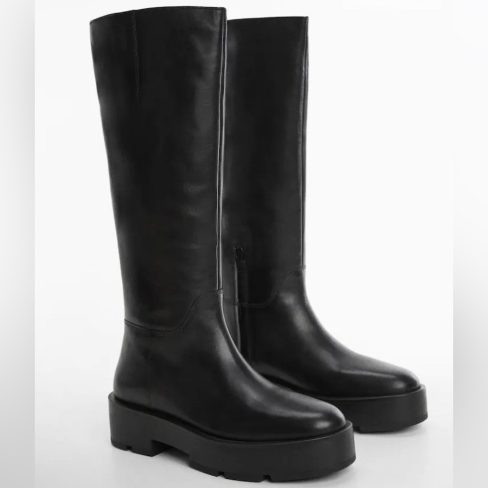 Mango Black Chunky Leather Boots - Size US8.5 (EU39)